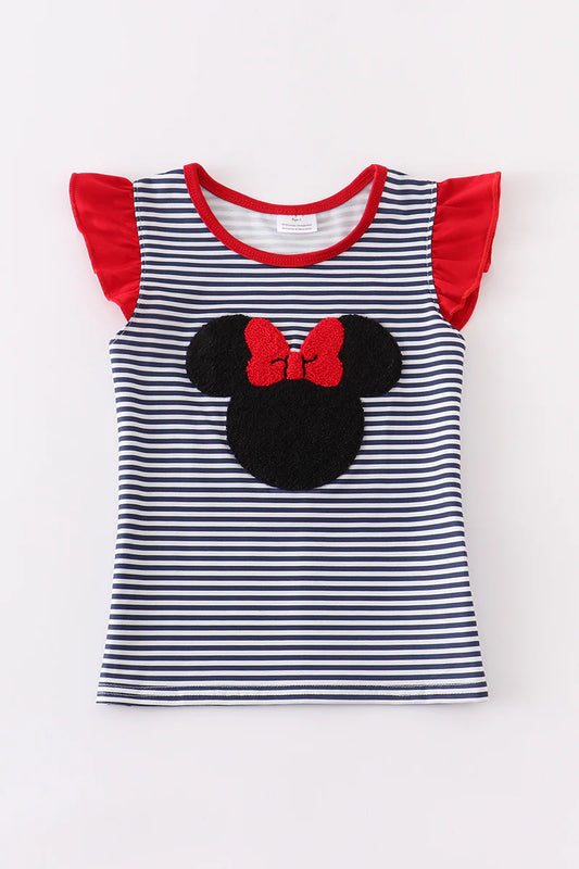 Striped French Knot Mouse Ruffle Shirt