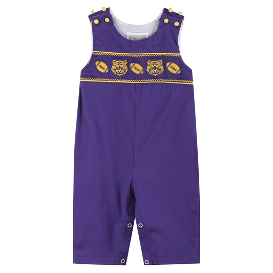 Purple and Gold Tiger Smocked Overalls