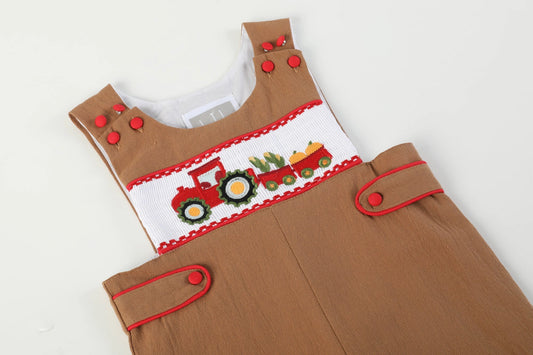 Brown Smocked Harvest Tractor Overalls