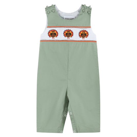 Sage Green Smocked Turkey Overalls