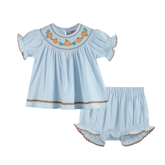 Blue Smocked Pumpkin Bloomer Set