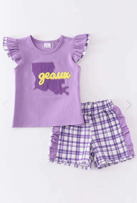 French Knot "Geaux" LSU Shorts Set