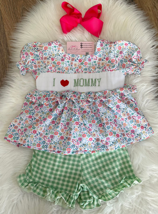 Smocked "I Love Mommy" Ruffled Shorts Set