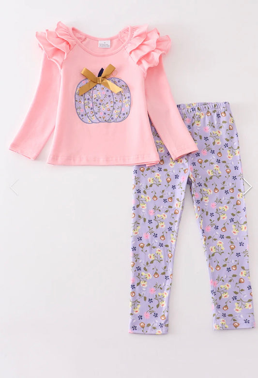 Pink Pumpkin Applique Girl Pants Set