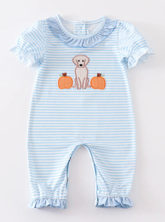 Blue Dog & Pumpkin Applique Girl Romper