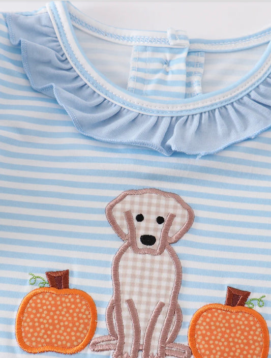 Blue Dog & Pumpkin Applique Girl Romper