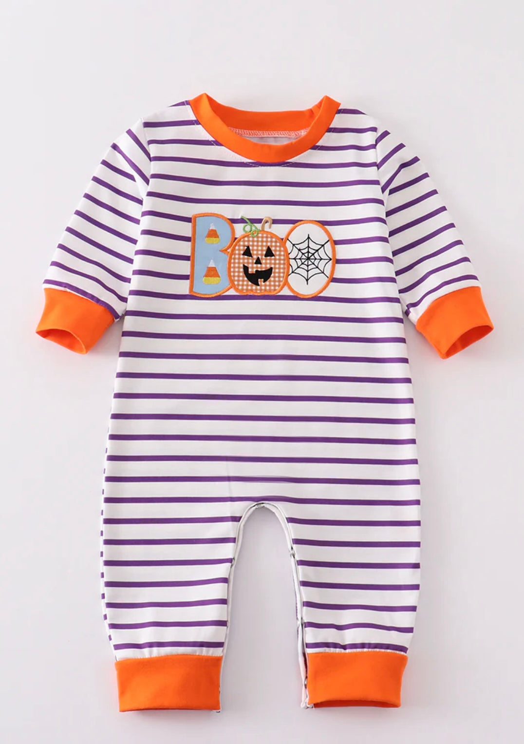 Purple Striped "BOO" Applique Boy Romper