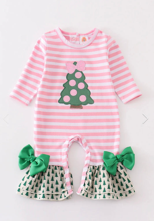 Pink Christmas Tree Applique Ruffle Romper