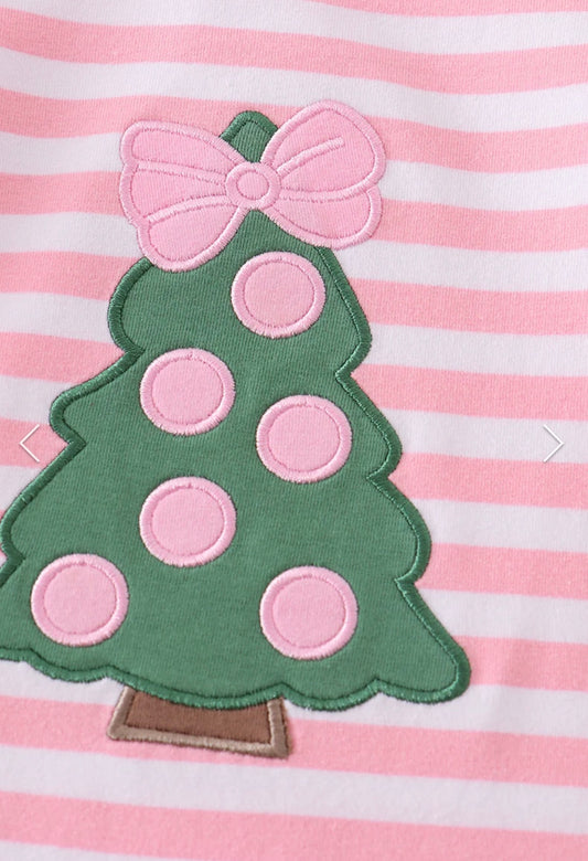 Pink Christmas Tree Applique Ruffle Romper