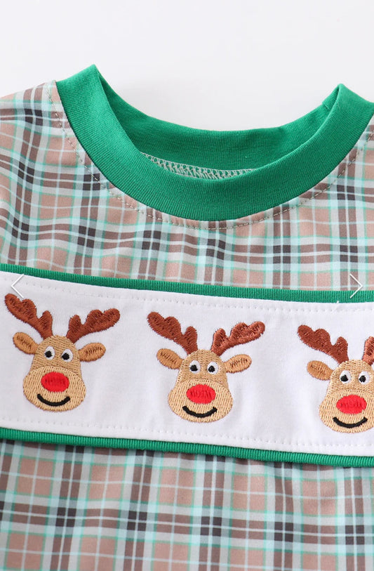 Green Plaid Embroidered Reindeer Bubble