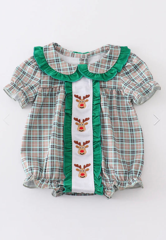 Green Plaid Embroidered Reindeer Girl Bubble