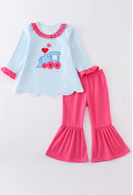 Valentine's Day Train Applique Girl Pants Set