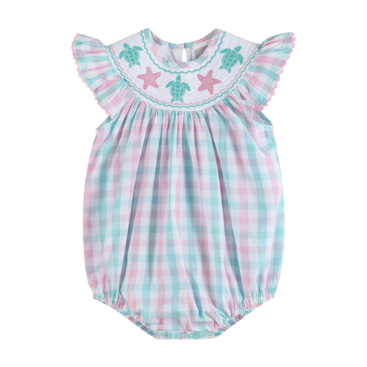 Pink and Turquoise Gingham Smocked Turtle Bubble