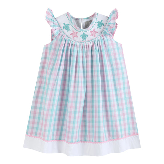 Pink and Turquoise Gingham Smocked Turtle Dress