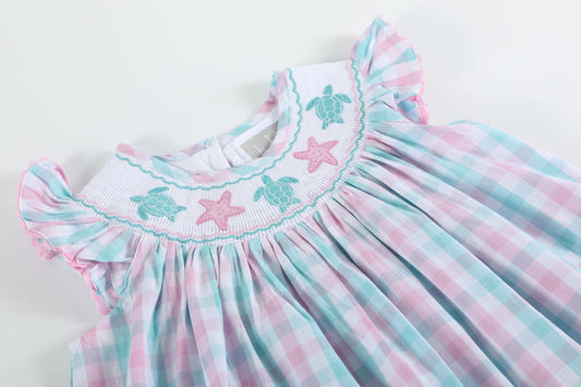 Pink and Turquoise Gingham Smocked Turtle Dress