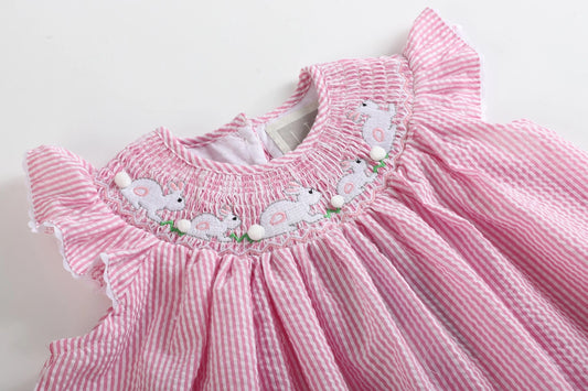 Pink Seersucker Smocked Bunny Dress