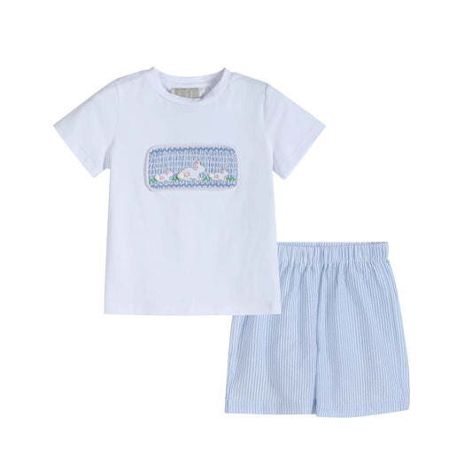 Blue Seersucker Smocked Bunny Shorts Set