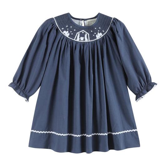 Navy Blue Smocked Nativity Bishop Dress