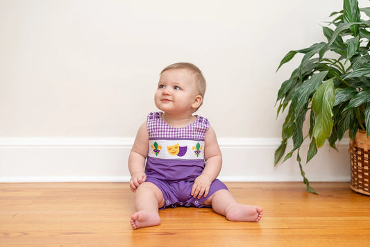 Smocked Mardi Gras Shortalls