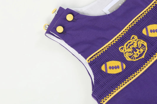 Purple and Gold Tiger Smocked Overalls