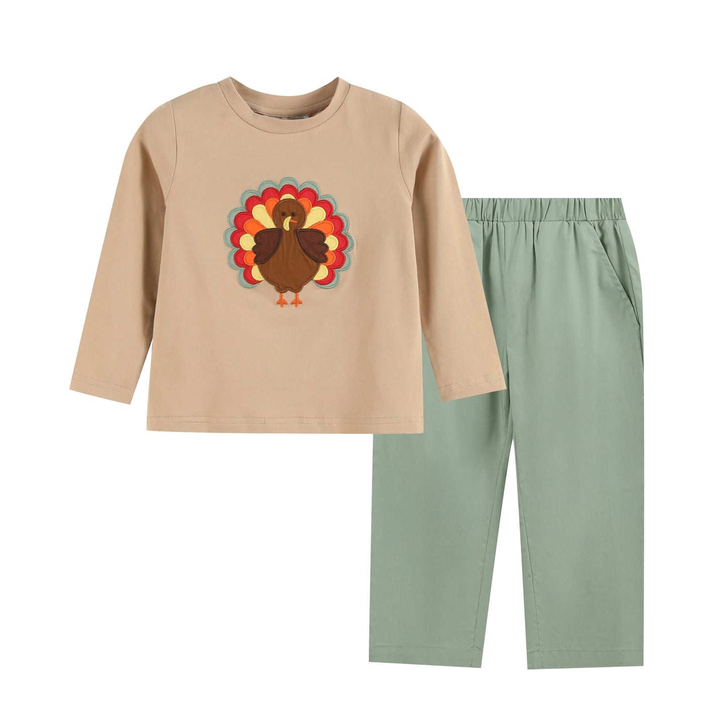 Brown and Green Turkey Applique Pants Set