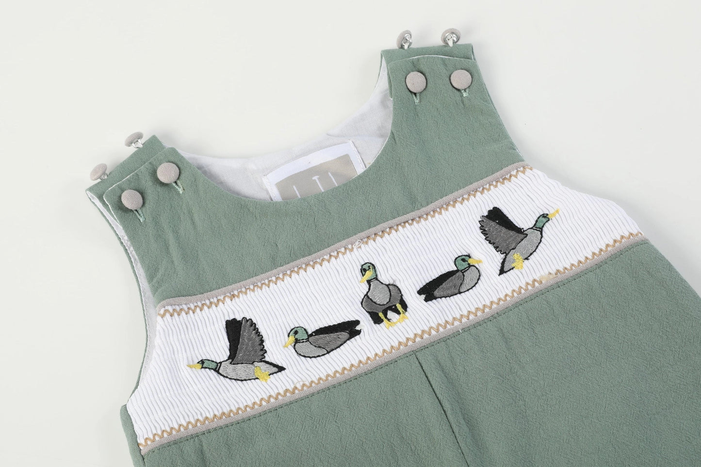 Sage Green Smocked Mallard Overalls