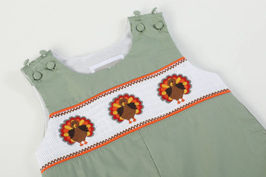 Sage Green Smocked Turkey Overalls