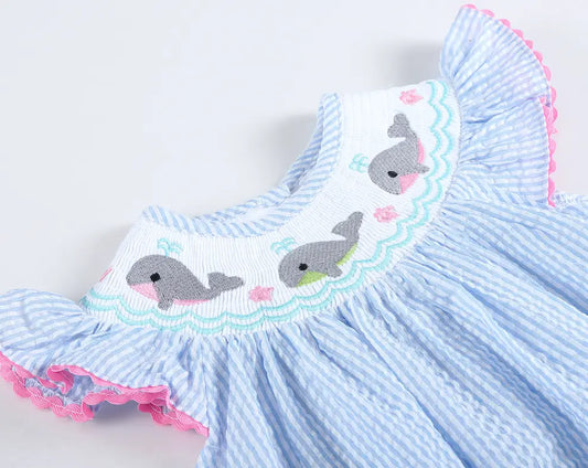 Blue Striped Smocked Whale Bubble