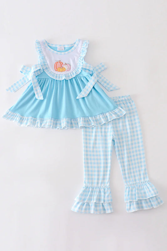 Blue Gingham Pumpkin Applique Pants Set