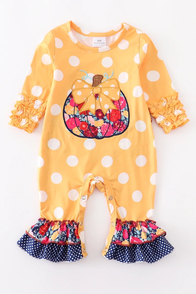 Mustard Pumpkin Applique Ruffle Romper