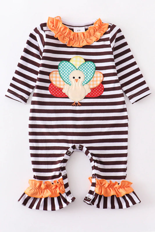 Striped Turkey Applique Ruffle Romper