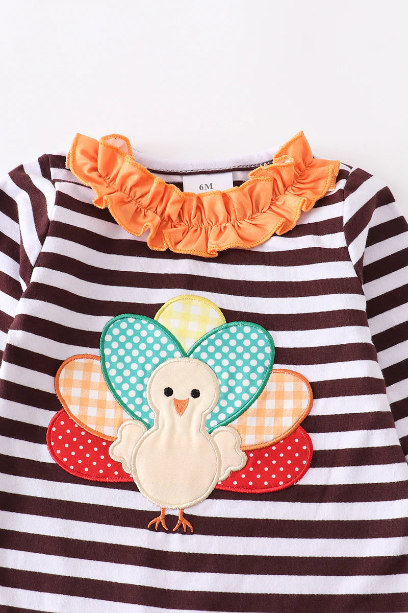 Striped Turkey Applique Ruffle Romper