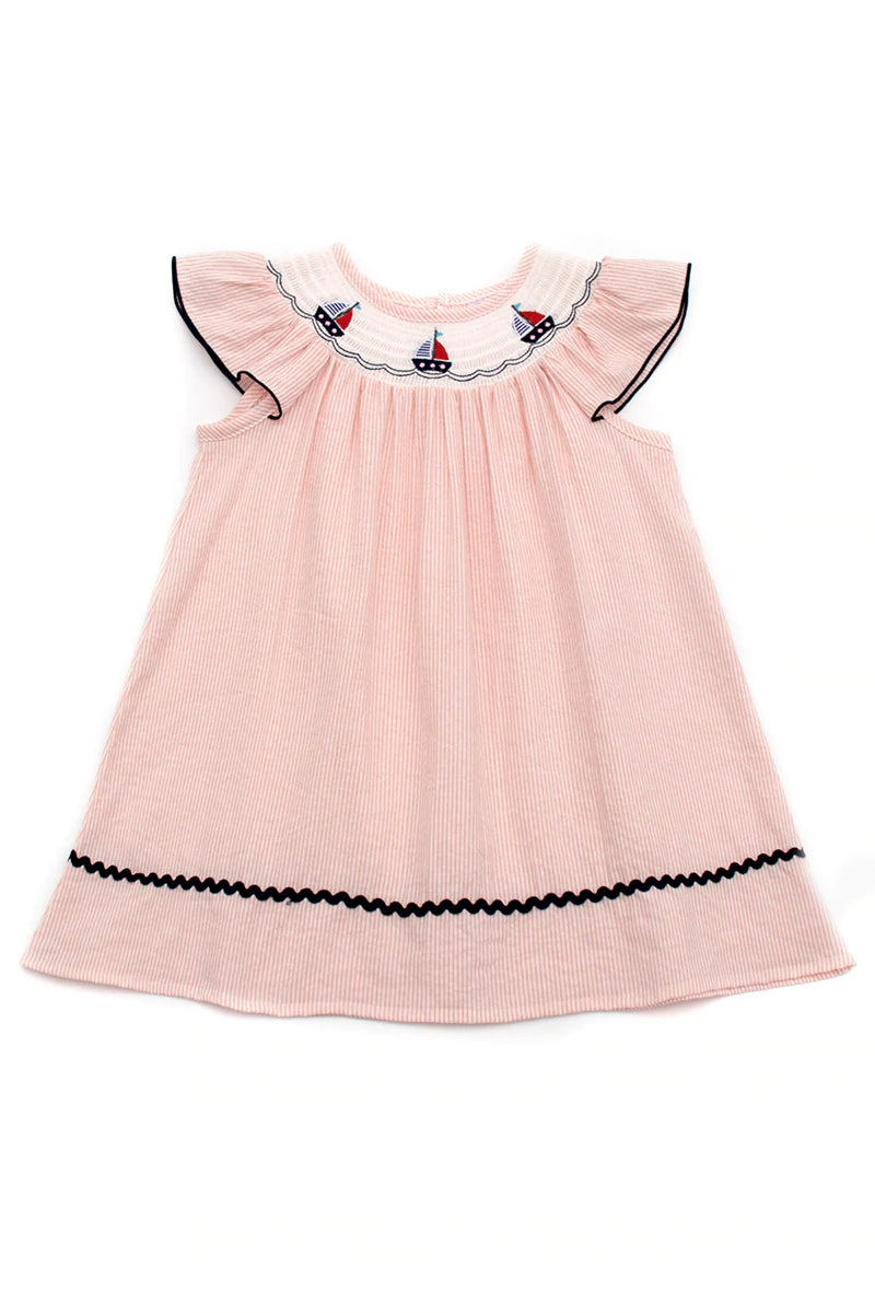 Smocked Pink Sailboat Ruffle Dress