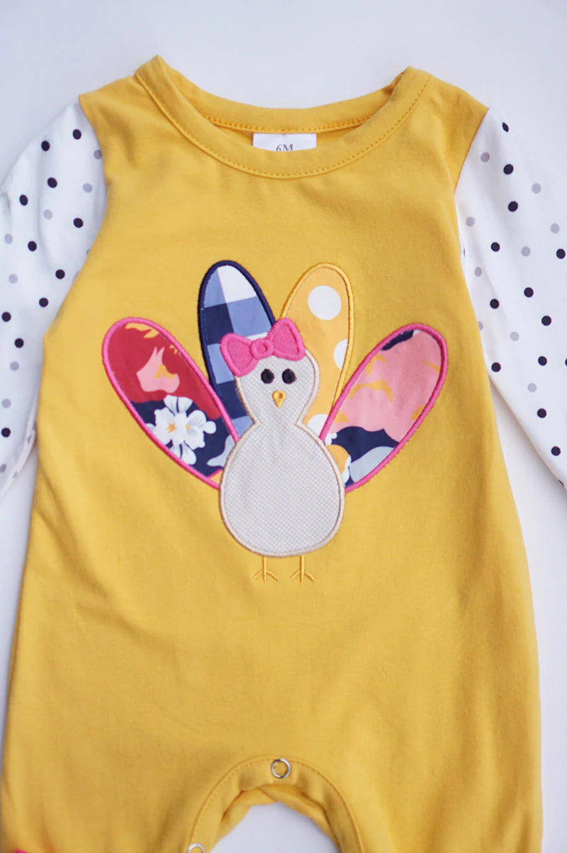 Mustard Turkey Applique Ruffle Romper