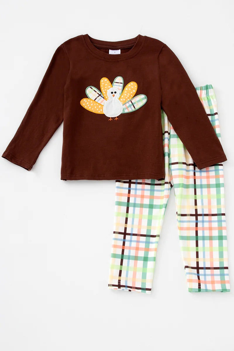 Turkey Applique Plaid Pants Set