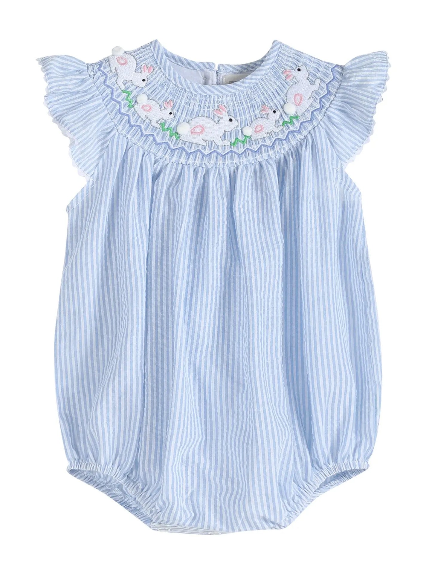 Blue Seersucker Smocked Bunny Bubble