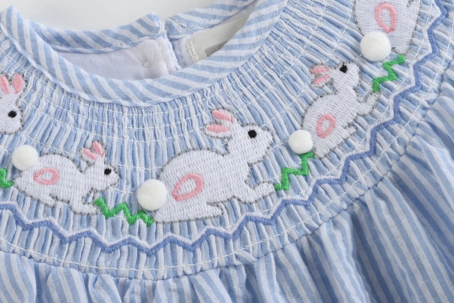 Blue Seersucker Smocked Bunny Bubble