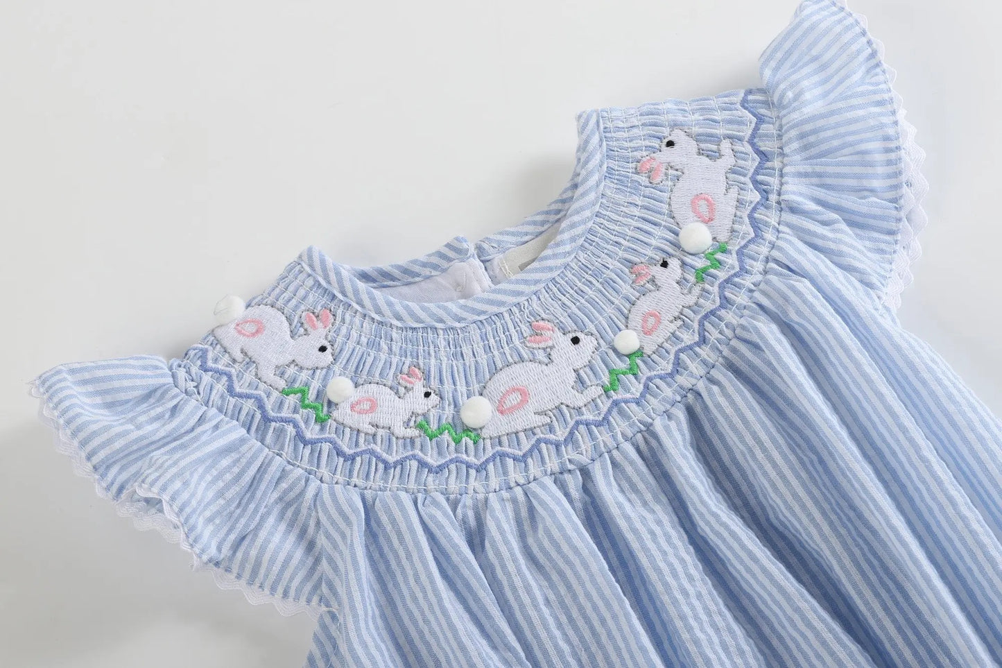 Blue Seersucker Smocked Bunny Bubble