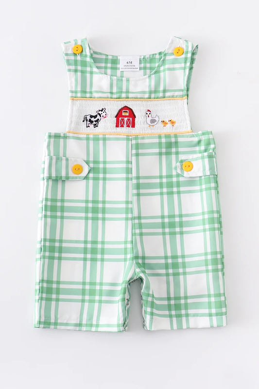 Green Plaid Smocked Farm Animal Jon Jon