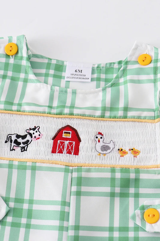 Green Plaid Smocked Farm Animal Jon Jon