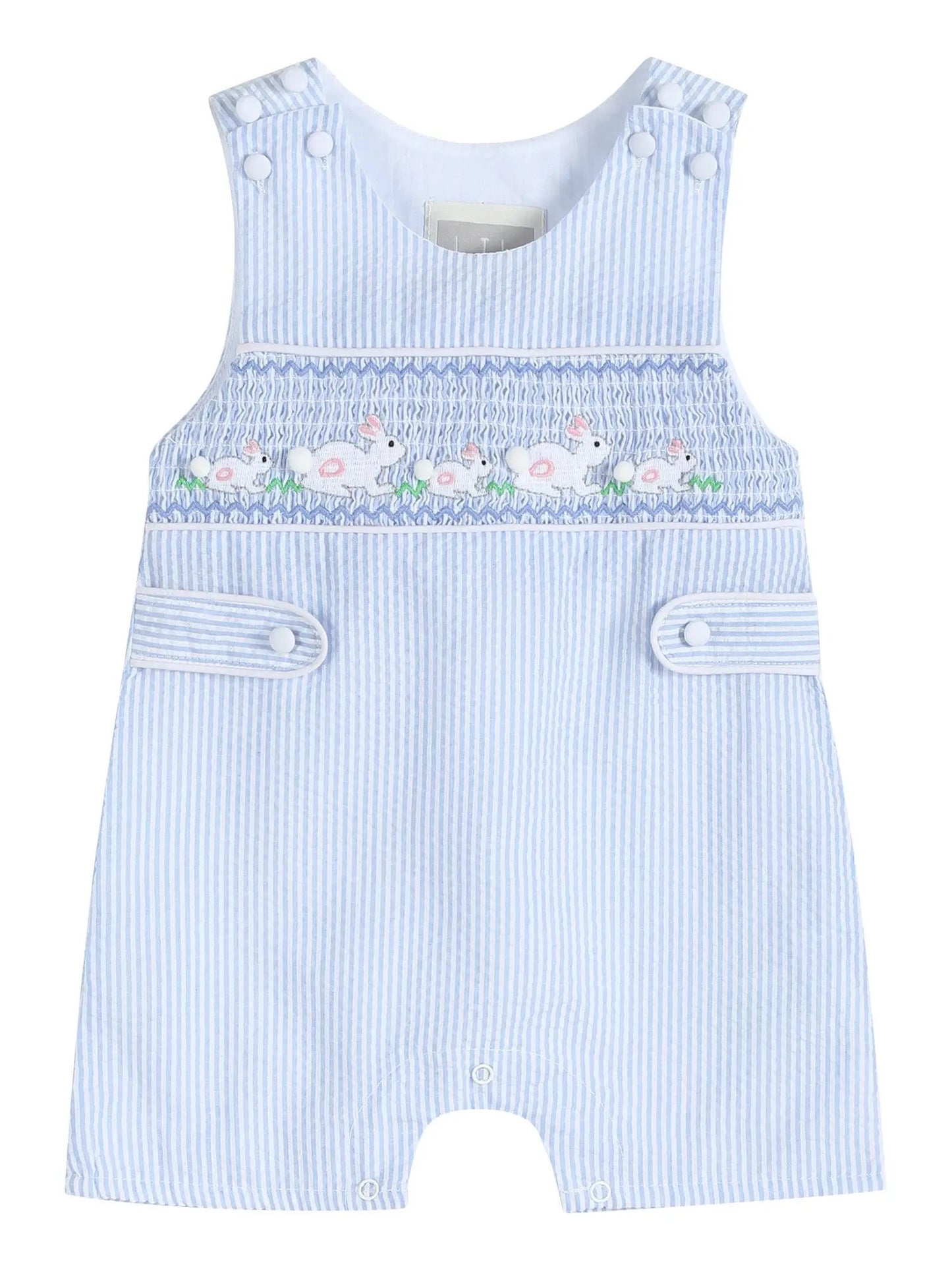 Blue Seersucker Smocked Bunny Shortalls