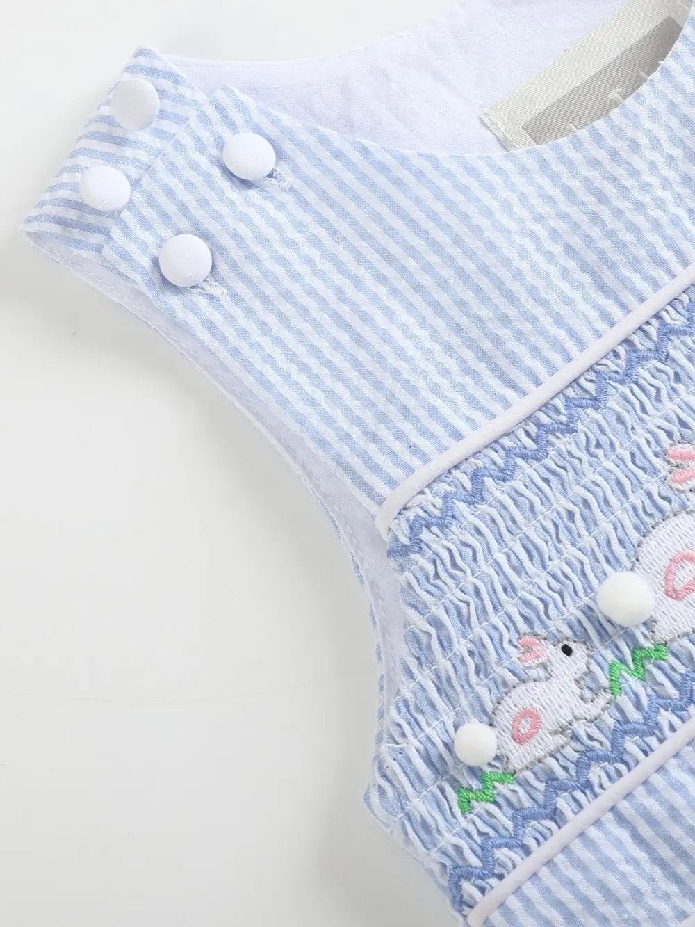 Blue Seersucker Smocked Bunny Shortalls