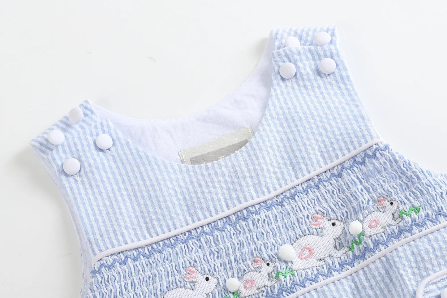 Blue Seersucker Smocked Bunny Shortalls