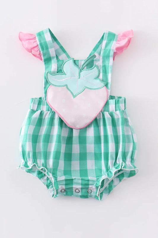 Green Plaid Strawberry Applique Romper *defective*