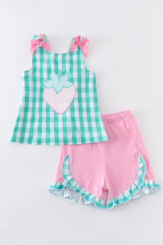 Green Plaid Strawberry Applique Shorts Set