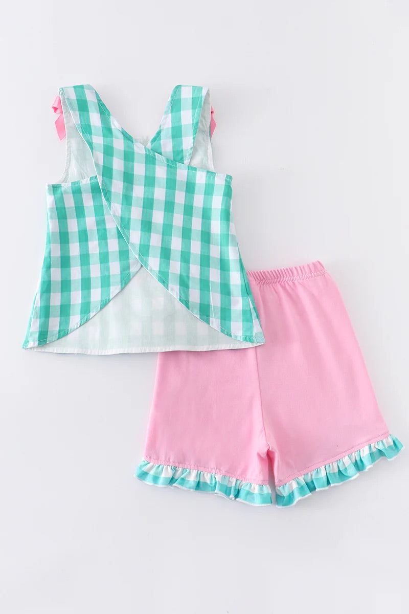 Green Plaid Strawberry Applique Shorts Set