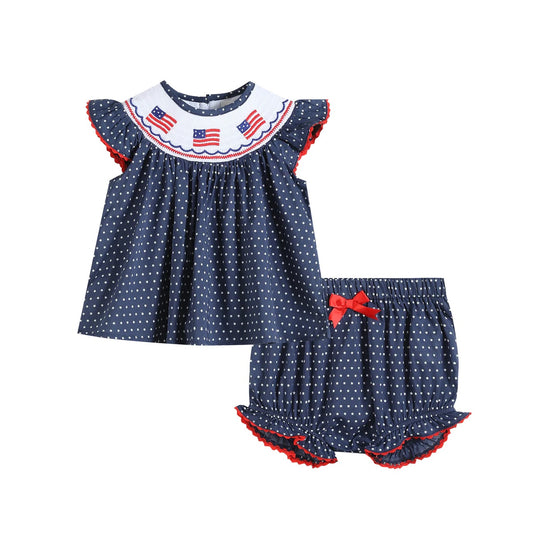 Navy Smocked American Flag Bloomer Set