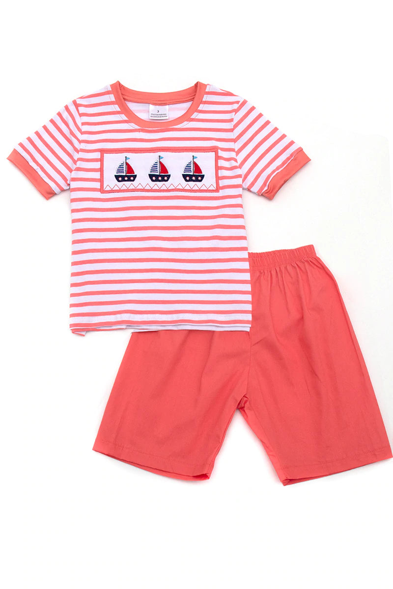 Embroidered Striped Sailboat Shorts Set